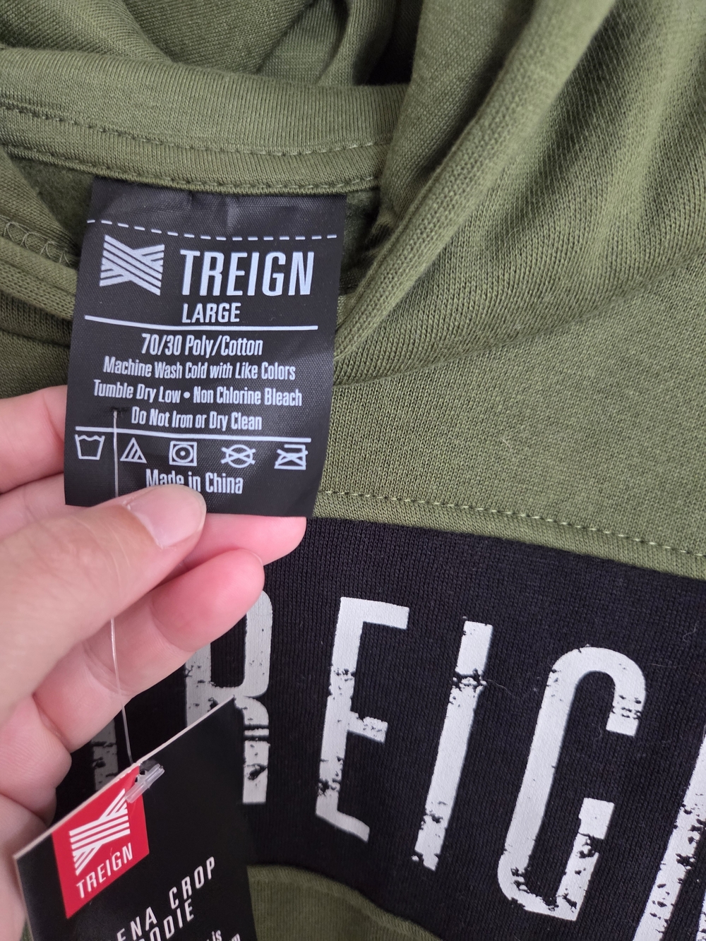 Treign Olive Green Hoodie with Black Chest Panel and White Logo - Picture 6 of 7